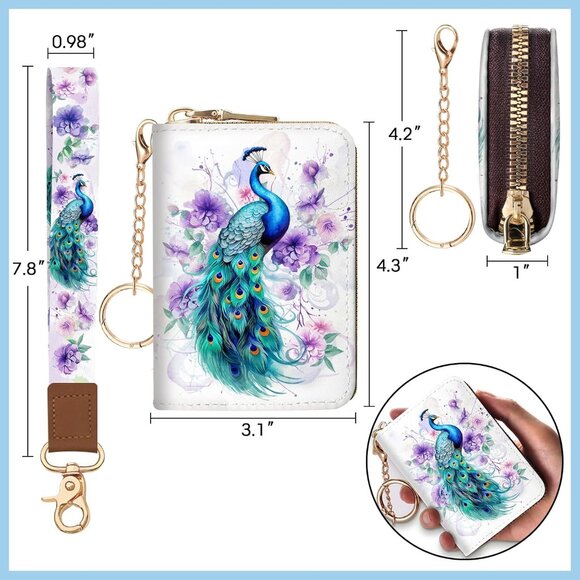 Credit Card Holder for Women, Peacock Small RFID Blocking Wallet with Wristlet S - Picture 3 of 6